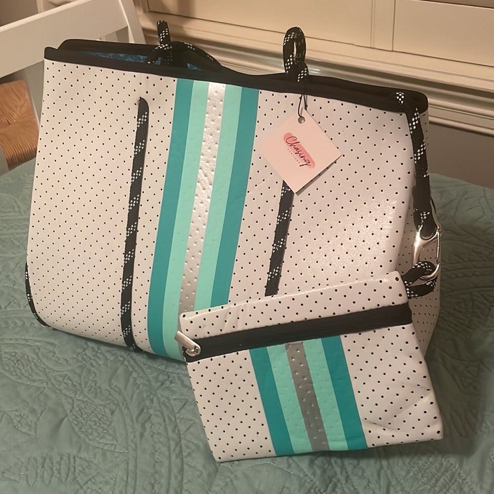 Brand New The Sally Neoprene Tote in Blue Stripe